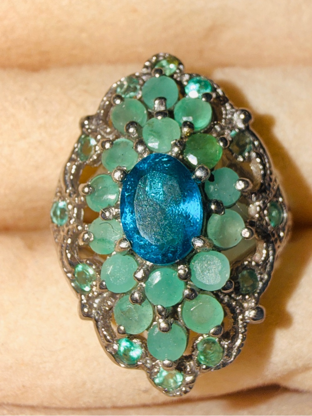 Ethiopian Blue Opal & Emerald vintage 
Ring 925 Silver 14K WG Sz8.5 - Picture 4 of 17